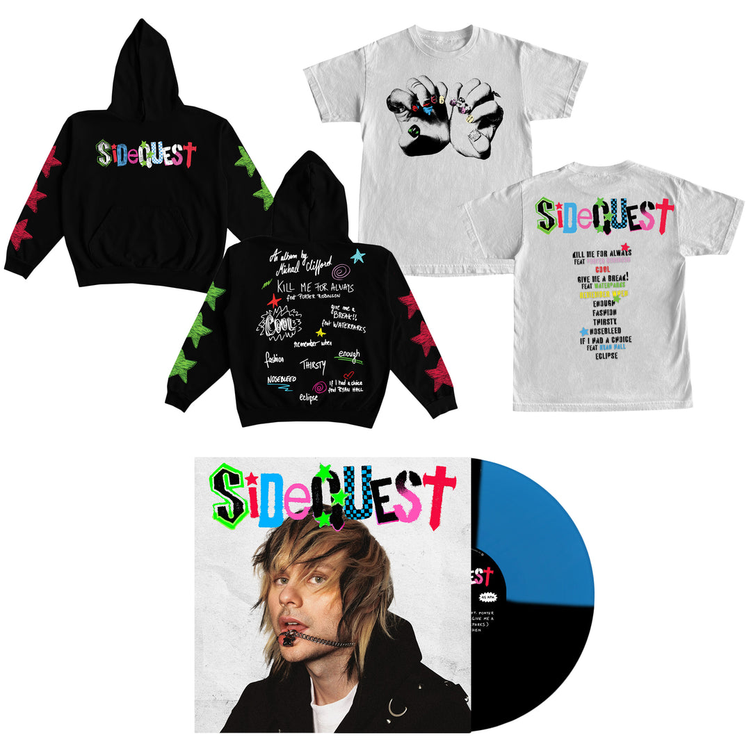 The Michael Clifford merchandise set includes a black hoodie, two ASCOLOUR tees, and a SIDEQUEST vinyl—all featuring colorful SIDEQUEST graphics. The hoodie and one tee have extra illustrations/notes. Limited edition sticker sheet included.