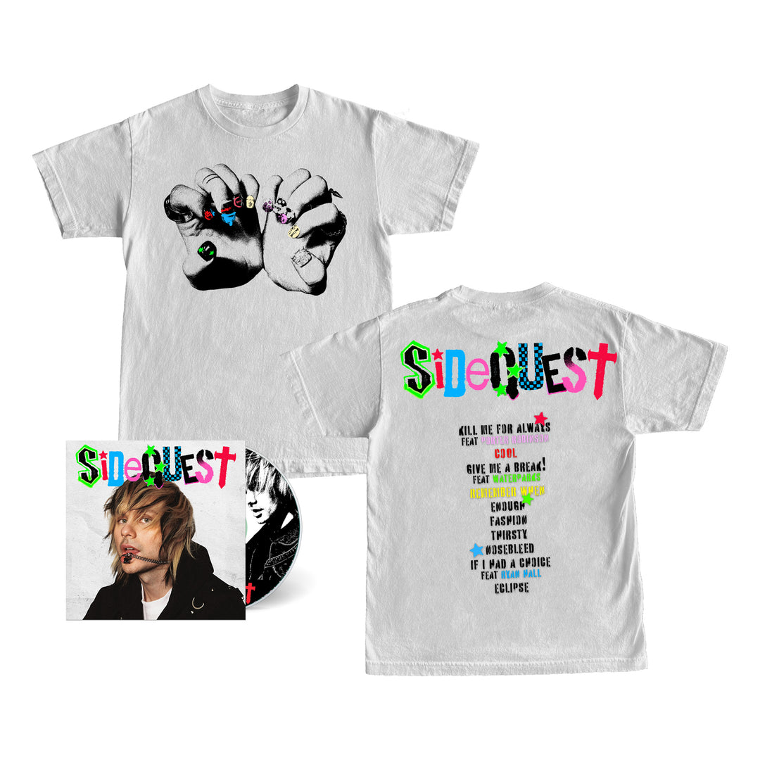 Michael Clifford Comfort Colors white t-shirt with colorful Sidequest text and exclusive cartoon hands with rings on the front. Includes CD and cover featuring a person with medium-length hair; song tracklisting on the back.