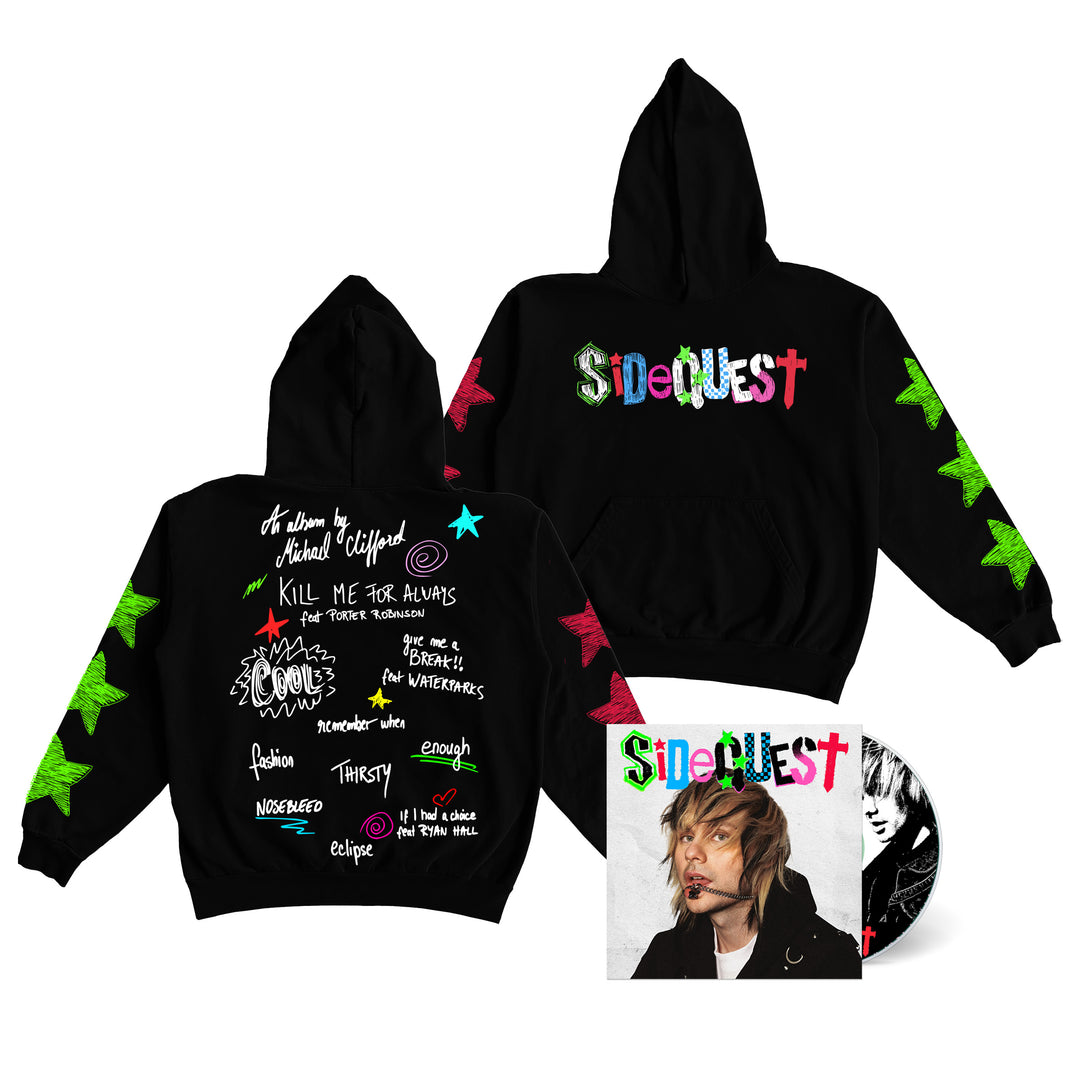 A black Michael Clifford ASCOLOUR hoodie with colorful stars on the sleeves, SIDEQUEST in bold multicolored letters on the front, handwritten track titles on the back. Features matching CD and cover. Releases July 25, 2025.