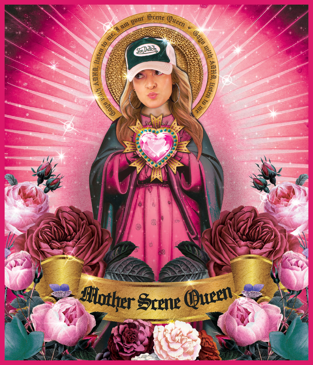 Scene Queen presents a limited edition digital artwork of a modern woman in a saint-like pose with a halo, trucker hat, pink rays, and flowers. A golden ribbon reads “Mother Scene Queen,” blending contemporary style and timeless iconography.
