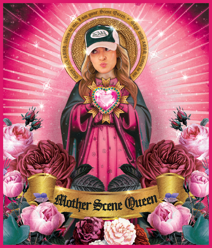 Scene Queen presents a limited edition digital artwork of a modern woman in a saint-like pose with a halo, trucker hat, pink rays, and flowers. A golden ribbon reads “Mother Scene Queen,” blending contemporary style and timeless iconography.