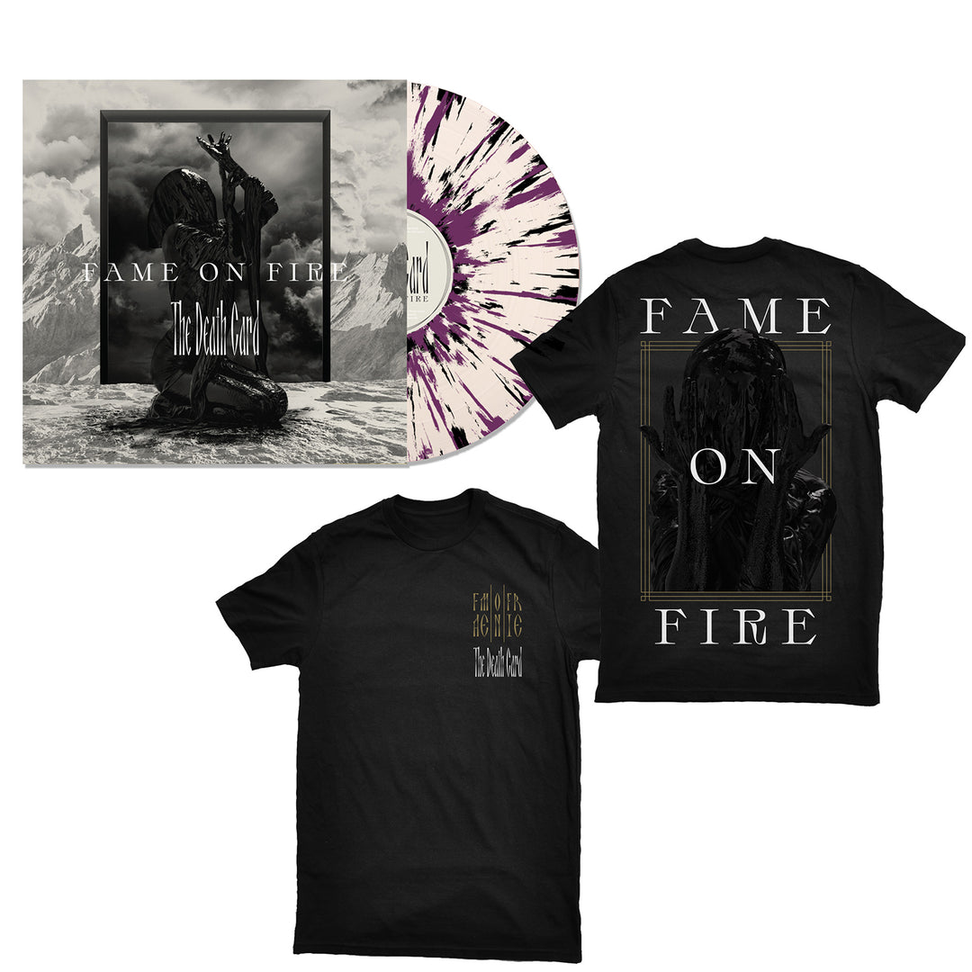 Fame On Fire bundle: purple splatter vinyl record, album cover with dark angel statue and mountains, and two black Comfort Colors tees with exclusive Fame On Fire and The Death of Me designs.