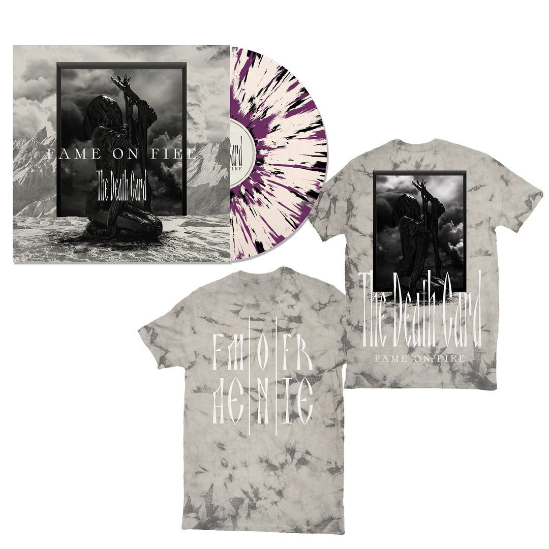 The Fame On Fire The Death Card set includes a tie-dye Colortone crystal wash tee with an exclusive black-and-white angel statue design and a white vinyl record with purple splatter. Releases September 6, 2024.