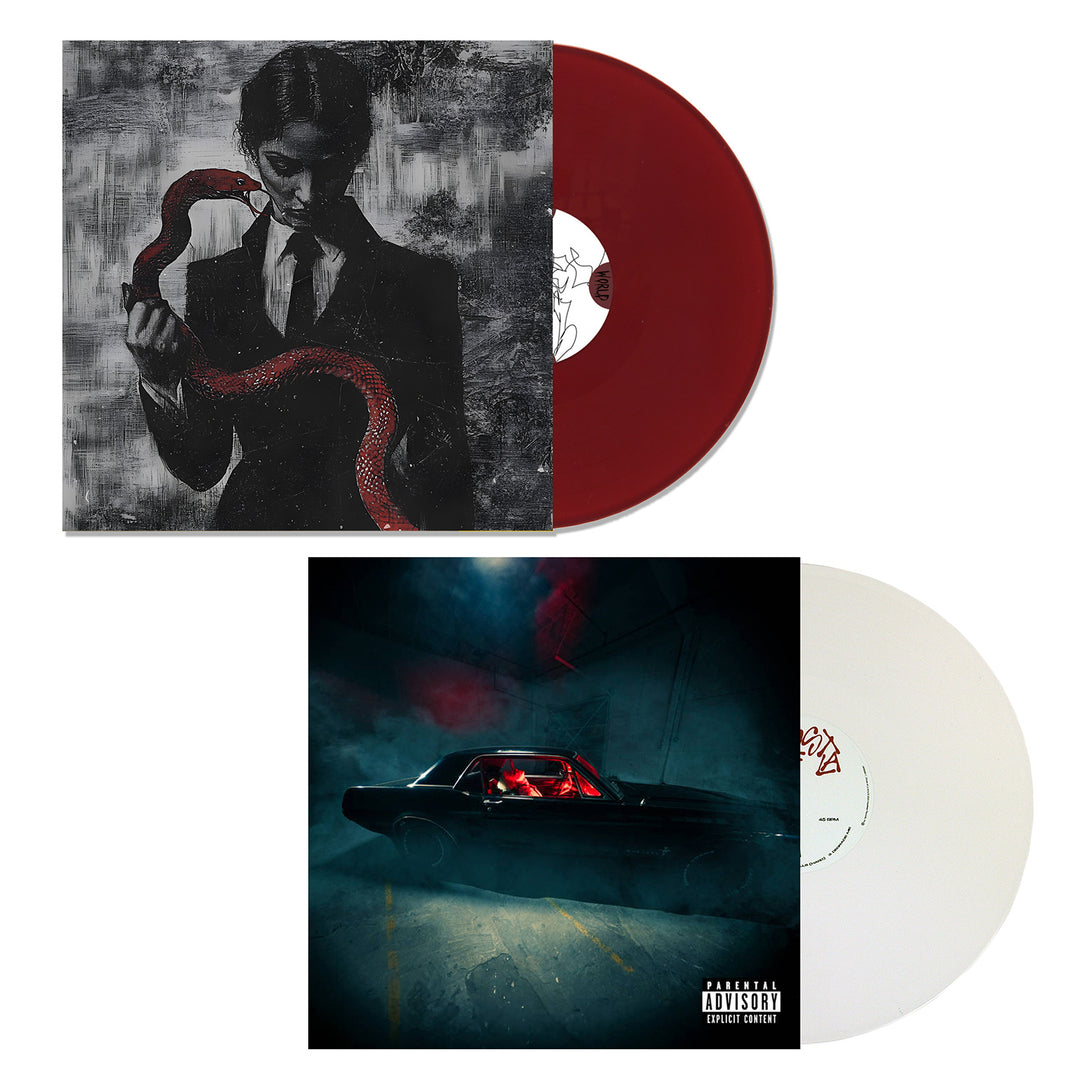 Two TX2 vinyl records with album covers: the top is a Limited Edition Cruel World LP on oxblood vinyl showing a person in a suit with a red snake; the bottom has white vinyl, featuring a car scene at night.