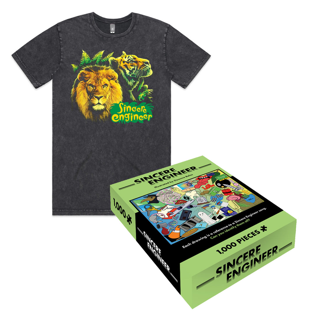 A black Sincere Engineer t-shirt with a colorful lion and tiger graphic and text, pictured next to a 1000-piece puzzle box featuring cartoon artwork and the Sincere Engineer logo.