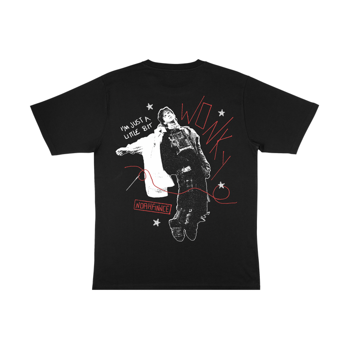 Black Comfort Colors t-shirt featuring a stylized graphic of a person, the text IM JUST A LITTLE BIT WONKY, and NOAHFINNCE in a red box.