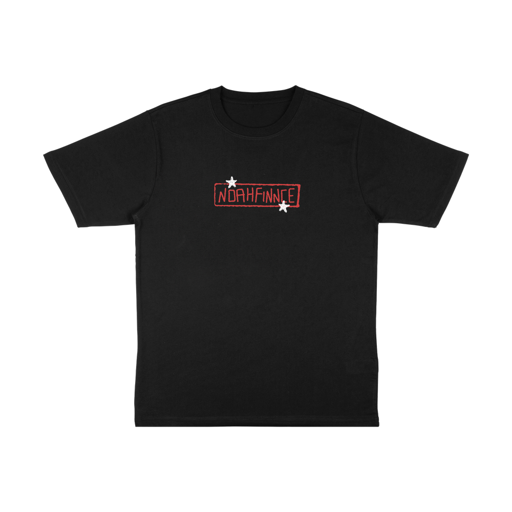Black Comfort Colors t-shirt with a red rectangular stamp graphic on the chest reading NOAHFINNCE, featuring a small white star above and below the text.