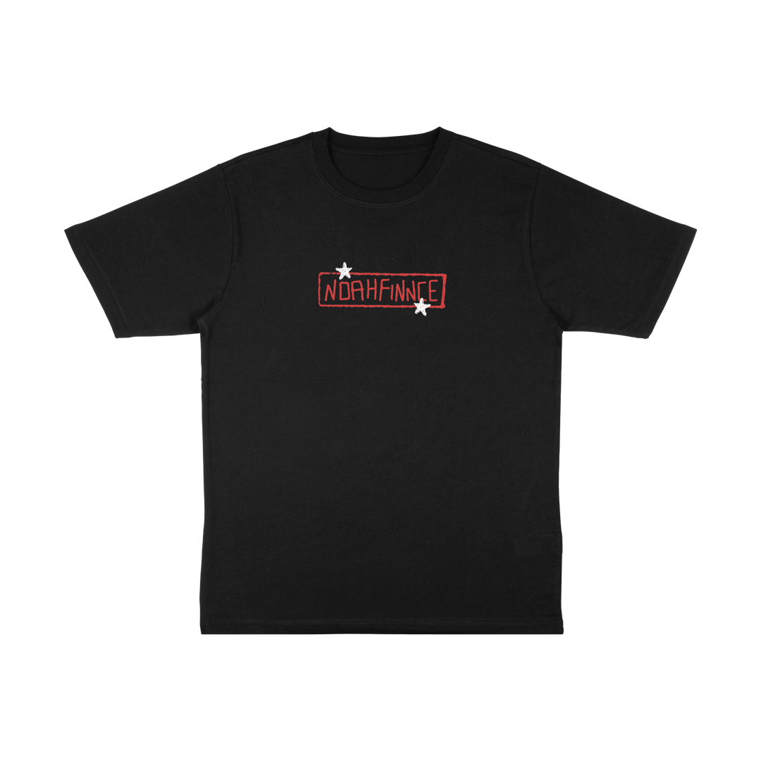 Black Comfort Colors t-shirt with a red rectangular stamp graphic that reads NOAHFINNCE, featuring a small white star above and below the text.