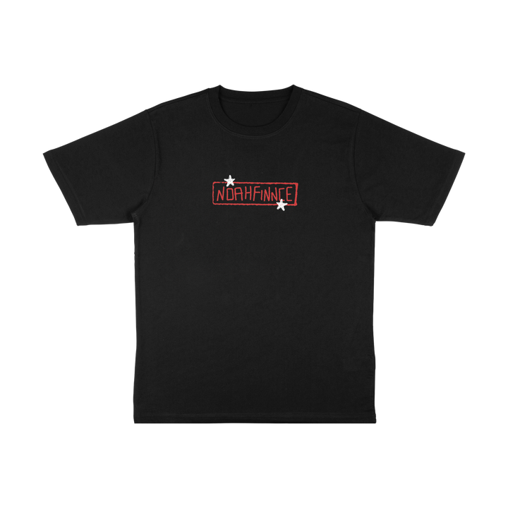 Black Comfort Colors t-shirt with a red rectangular stamp graphic that reads NOAHFINNCE, featuring a small white star above and below the text.