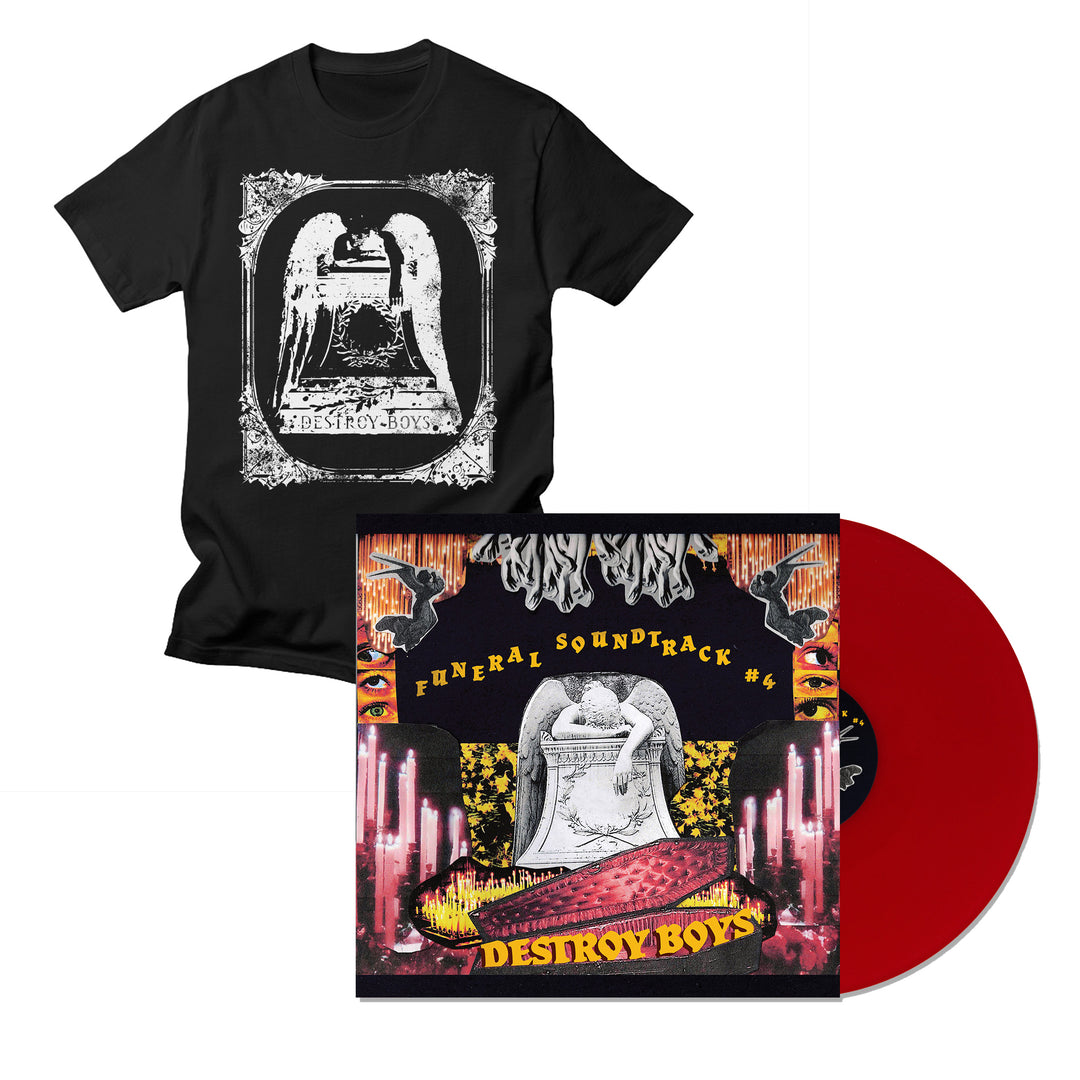 A black Destroy Boys Exclusive T-Shirt by ASColour with a white angel graphic and “Destroy Boys” text, beside a red vinyl record and cover featuring the matching angel image, “Funeral Soundtrack #4 Destroy Boys,” releasing August 2024.