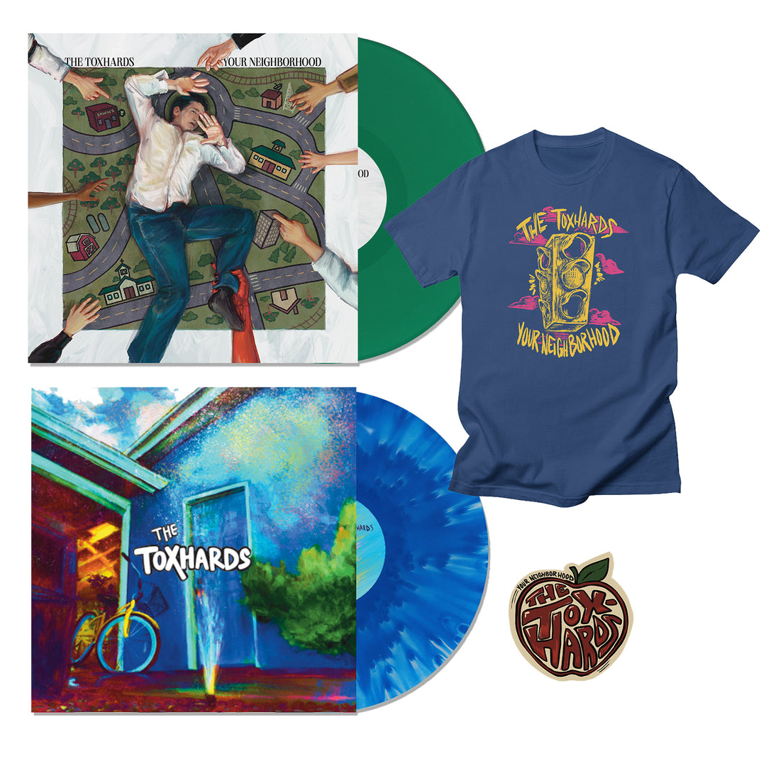 The Toxhards bundle includes a Green LP, Cloudy Blue LP, blue graphic T-shirt, CD, artistic album covers, and an apple-shaped pin featuring The Toxhards.