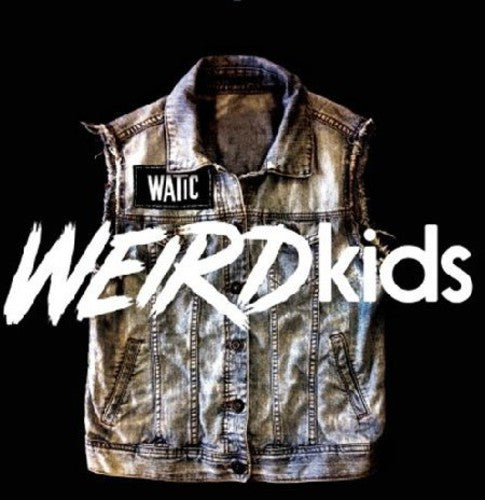 A sleeveless denim vest with a WATIC patch on the left chest is centered against a black background. Over the vest, bold white text reads WEIRD kids, referencing We Are The In Crowd’s iconic album and tracklist.