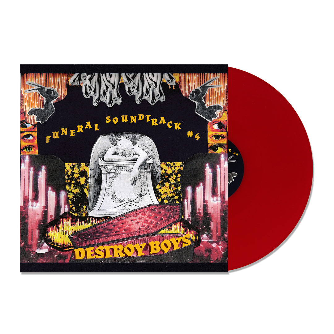 A red vinyl record partially inside its album cover. The artwork shows a winged statue with head in arms amid flowers, candles, fiery visuals, and eyes. Text: FUNERAL SOUNDTRACK #4, Destroy Boys (brand), and Boyfeel.