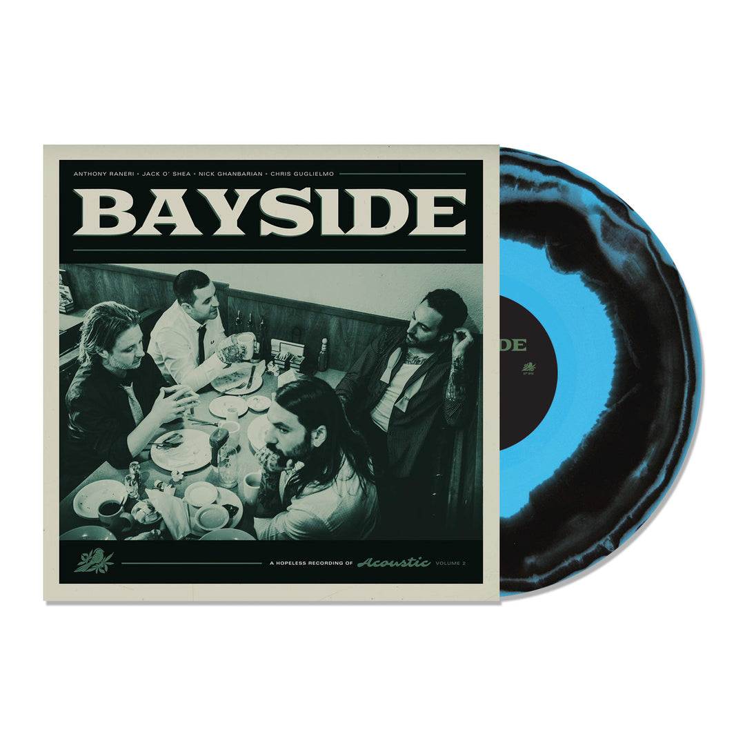 Baysides “Acoustic Volume 3” album features a black-and-white cover of all four band members at a diner booth. The vinyl is black with a bright blue center and includes tracks such as “Sick Sick Sick.”.