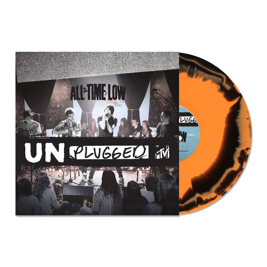 All Time Low MTV Unplugged album cover shows the band performing on stage with the crowd visible. The limited edition Orange & Black swirl vinyl peeks from the sleeve, giving a bold accent to this exclusive All Time Low LP release.