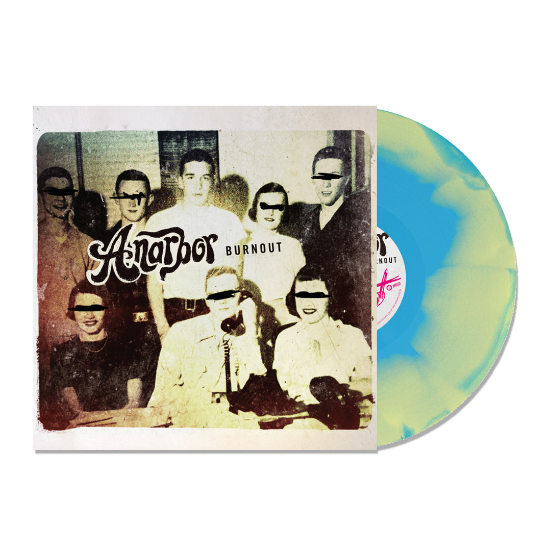 A limited edition Anarbor vinyl with a blue and yellow swirl design is partially inside an album cover showing a vintage photo of people with black bars over their eyes, and the title Burnout.