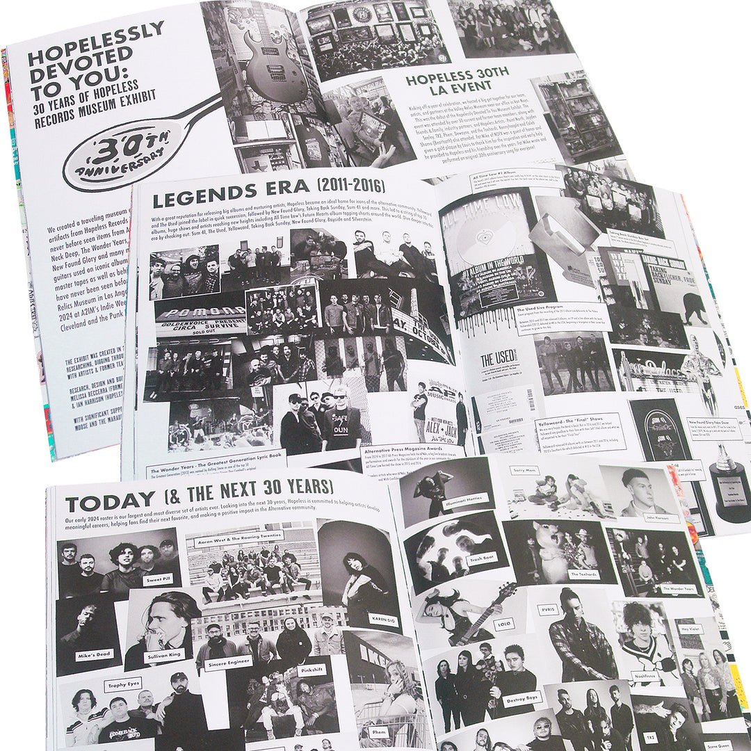 An open zine showcases collages of photos, text, and graphics celebrating Hopeless Records 30th Anniversary, highlighting the brand’s history and eras through band images.
