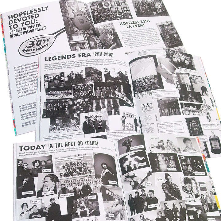 An open zine showcases collages of photos, text, and graphics celebrating Hopeless Records 30th Anniversary, highlighting the brand’s history and eras through band images.