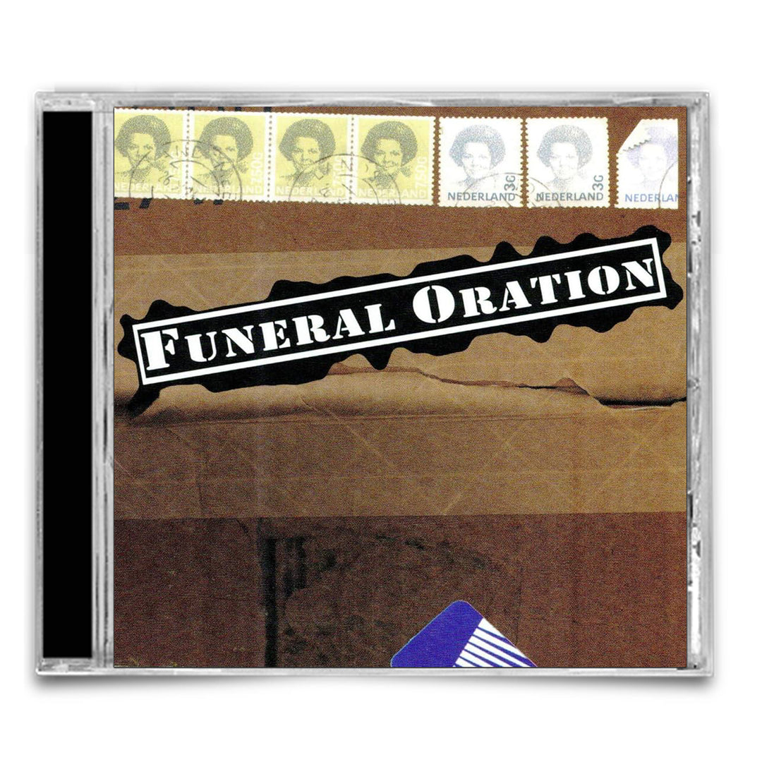 The Funeral Oration CD cover displays the brand name in bold white letters on a brown background resembling a parcel, adorned with Dutch stamps and postmarks—a classic style for any Funeral Oration release.