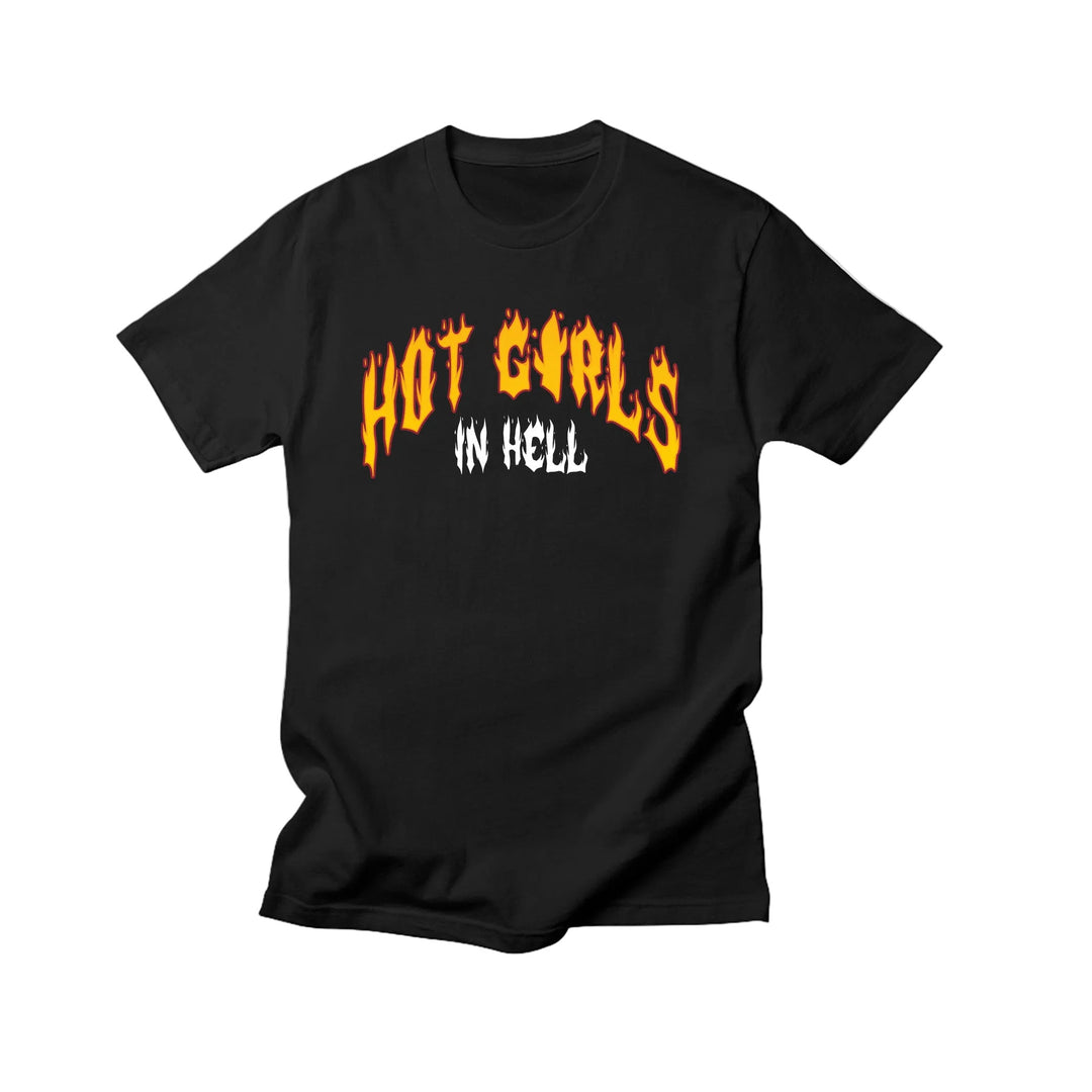 Black L0L0 basic tee featuring an exclusive HOT GIRLS IN HELL design: HOT GIRLS in orange flame-style letters and IN HELL in white, dripping letters on the front.