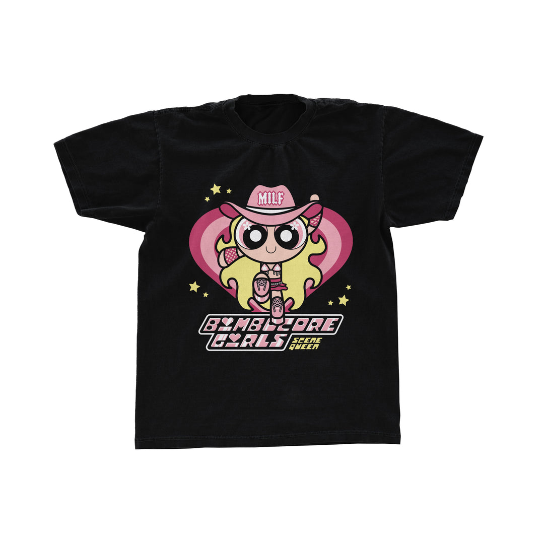 Printed on a soft Comfort Colors tee by Scene Queen, this black shirt shows a cartoon girl in pink gear with MILF on her hat, posed before a pink heart and yellow stars. Bimbo Core Girls and Scene Queen are featured below in stylized text.