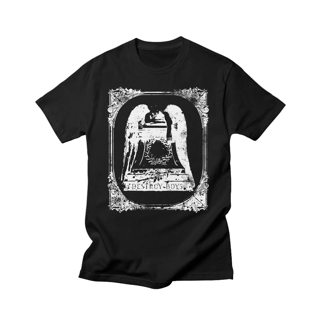 A black Destroy Boys t-shirt with a distressed white Liberty Bell with wings and DESTROY BOYS below, framed by vintage borders. Exclusive design printed on ASColour for comfort and style.