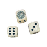 Three white custom dice by Tigers Jaw with black dots are shown: one features the decorative Tigers Jaw logo, while the other two display five and three. The set is on a plain white background—ideal for storing in your favorite pouch.