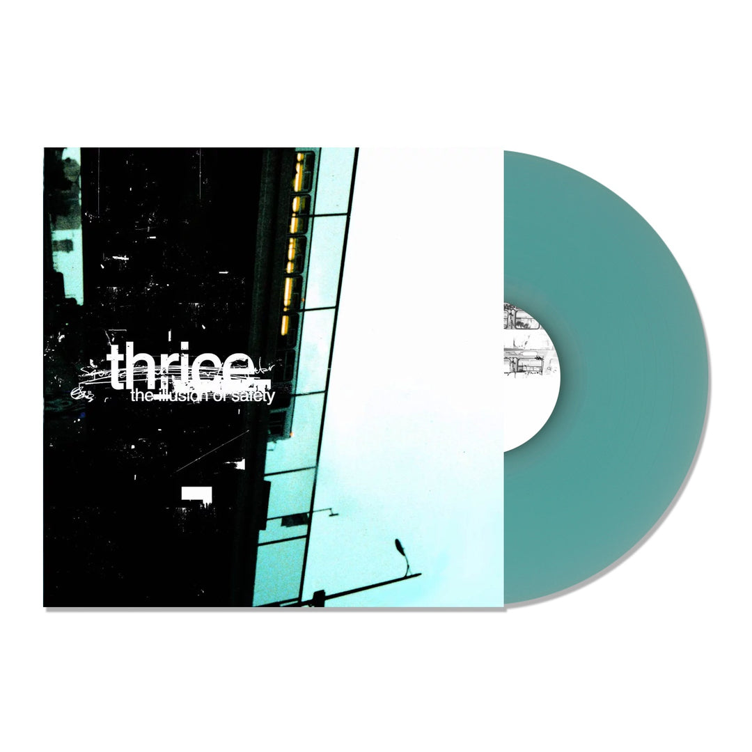 A teal vinyl record slides out of Thrice’s The Illusion of Safety album cover, showcasing abstract urban art and the bands bold white name—featuring tracks like Deadbolt against a dark backdrop. Brand: Thrice.