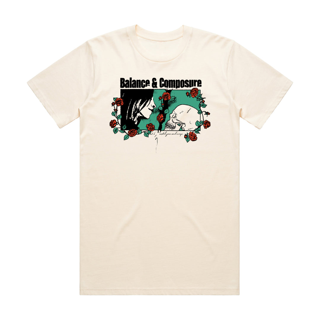 Balance And Composure Comfort Colors Ivory t-shirt featuring the band name above two illustrated faces, surrounded by red roses and green leaves, with handwritten script below the faces.