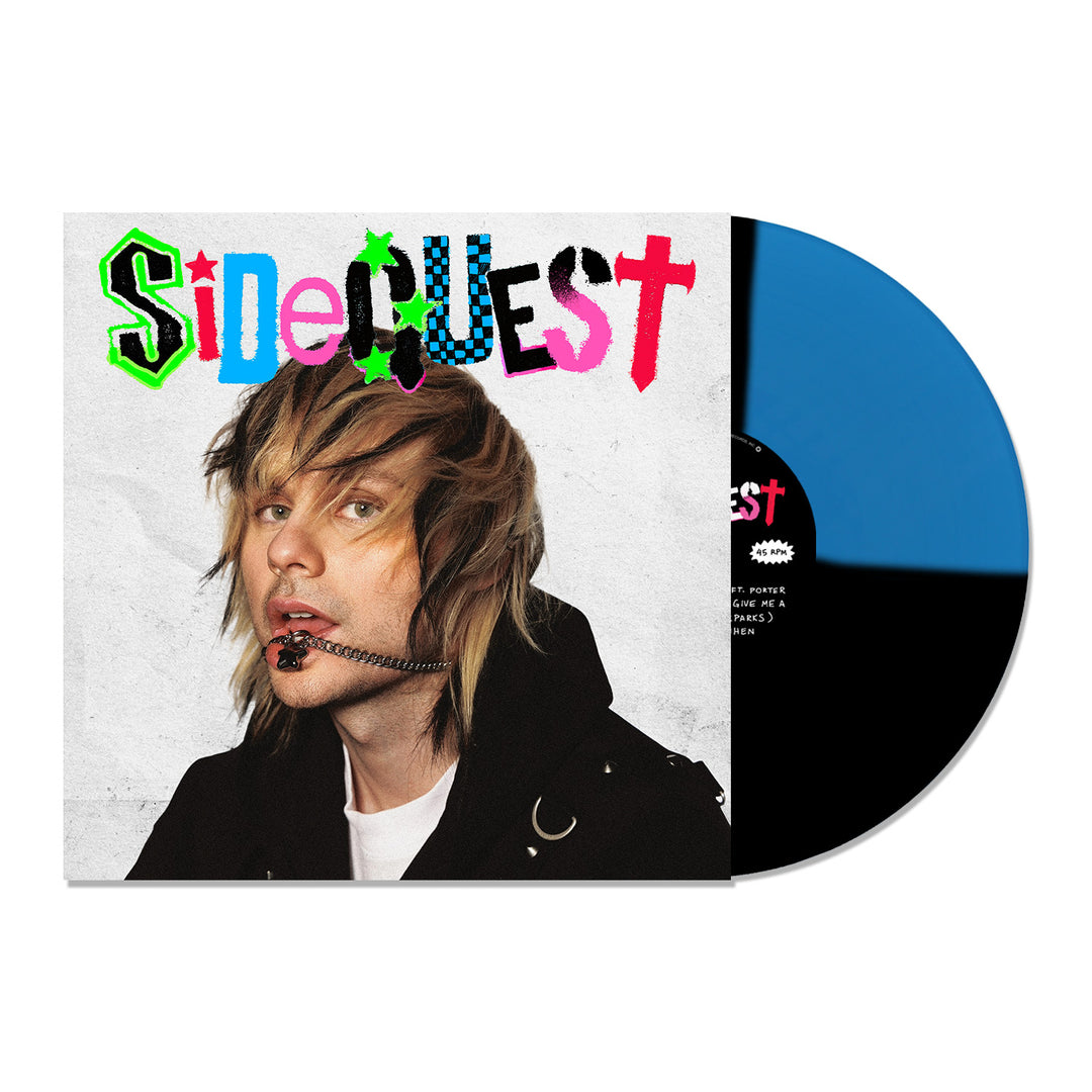The Michael Clifford SIDEQUEST vinyl album cover features a person with shaggy blonde hair holding a metal chain in their mouth, Sidequest in playful letters above, and includes a limited edition blue and black vinyl.