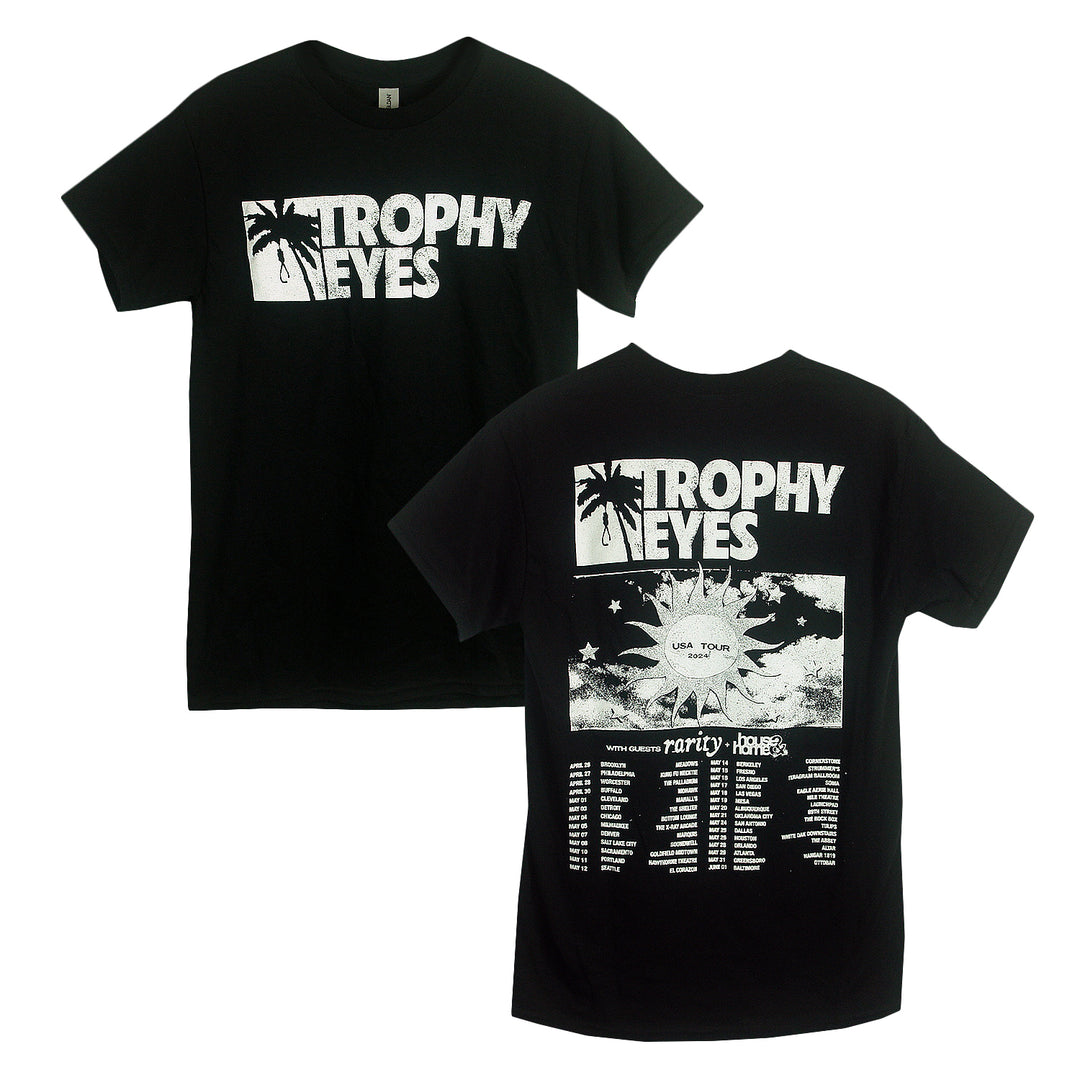 Trophy Eyes US 2024 Tour T-shirt: Black tee with white Trophy Eyes and palm tree graphic on the front; back features the logo, tour design, and tour dates/locations in white.