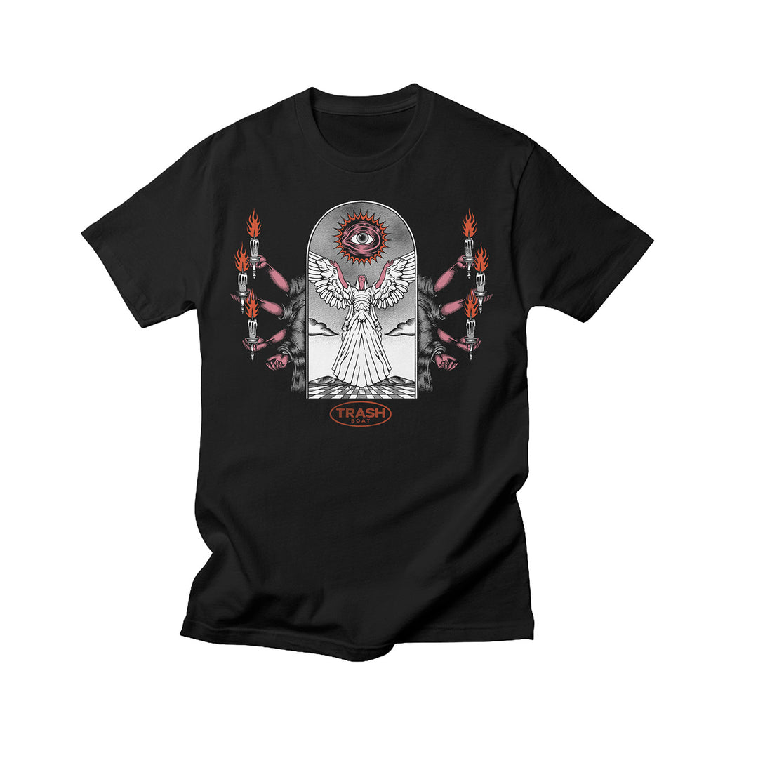 Black Comfort Colors t-shirt by Trash Boat featuring a white angel with wings, an eye above its head, and flaming torches held by disembodied hands. TRASH appears in orange at the bottom of the exclusive design.