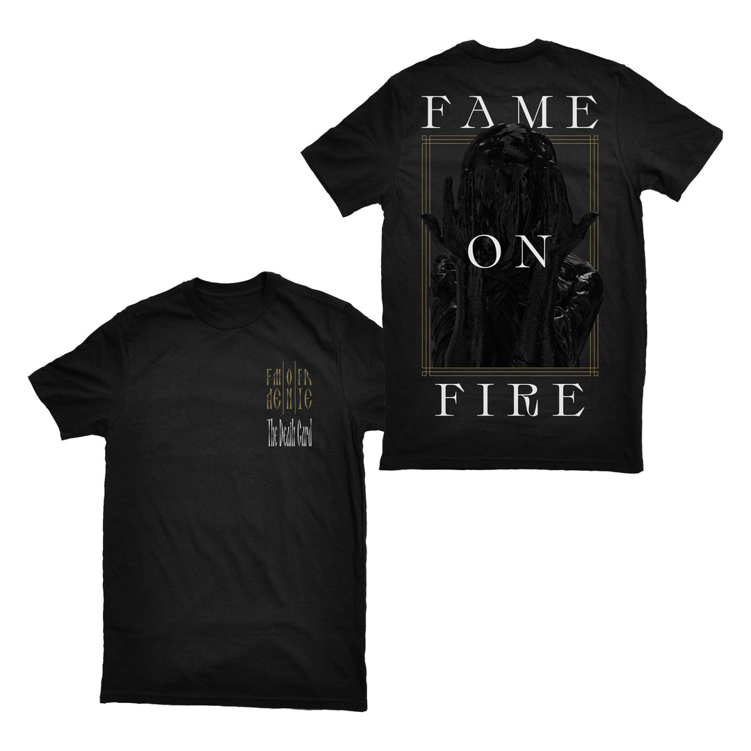 Fame On Fire black t-shirt featuring small gold Fame On Fire text on the front left and a back design with a dark figure, bold white FAME ON FIRE text, gold outlines, and an exclusive look for true fans.