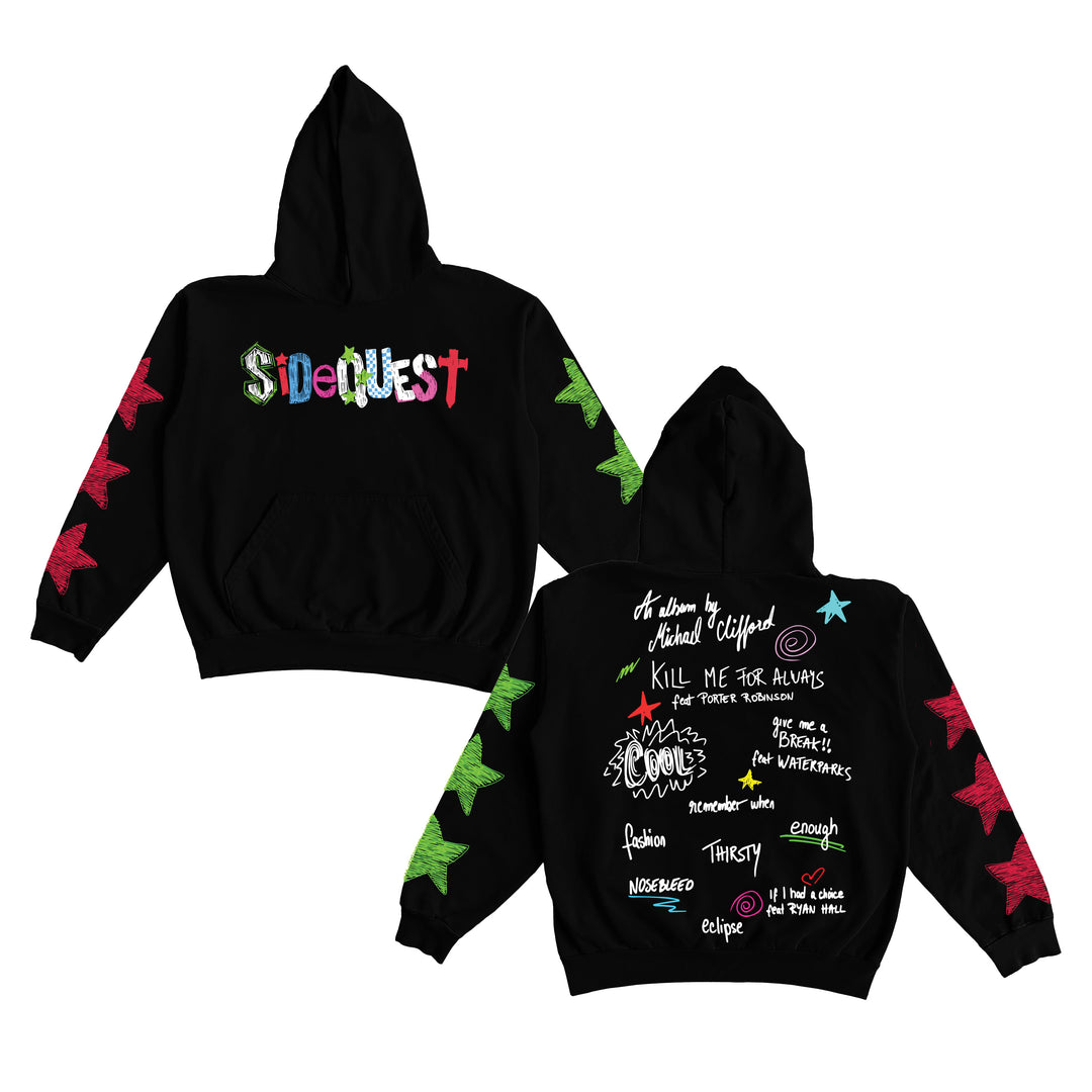 Two black Michael Clifford hoodies featuring an exclusive design: green and pink stars on the sleeves, SIDEQUEST in colorful letters on the front, plus unique handwritten doodles and phrases on the back.