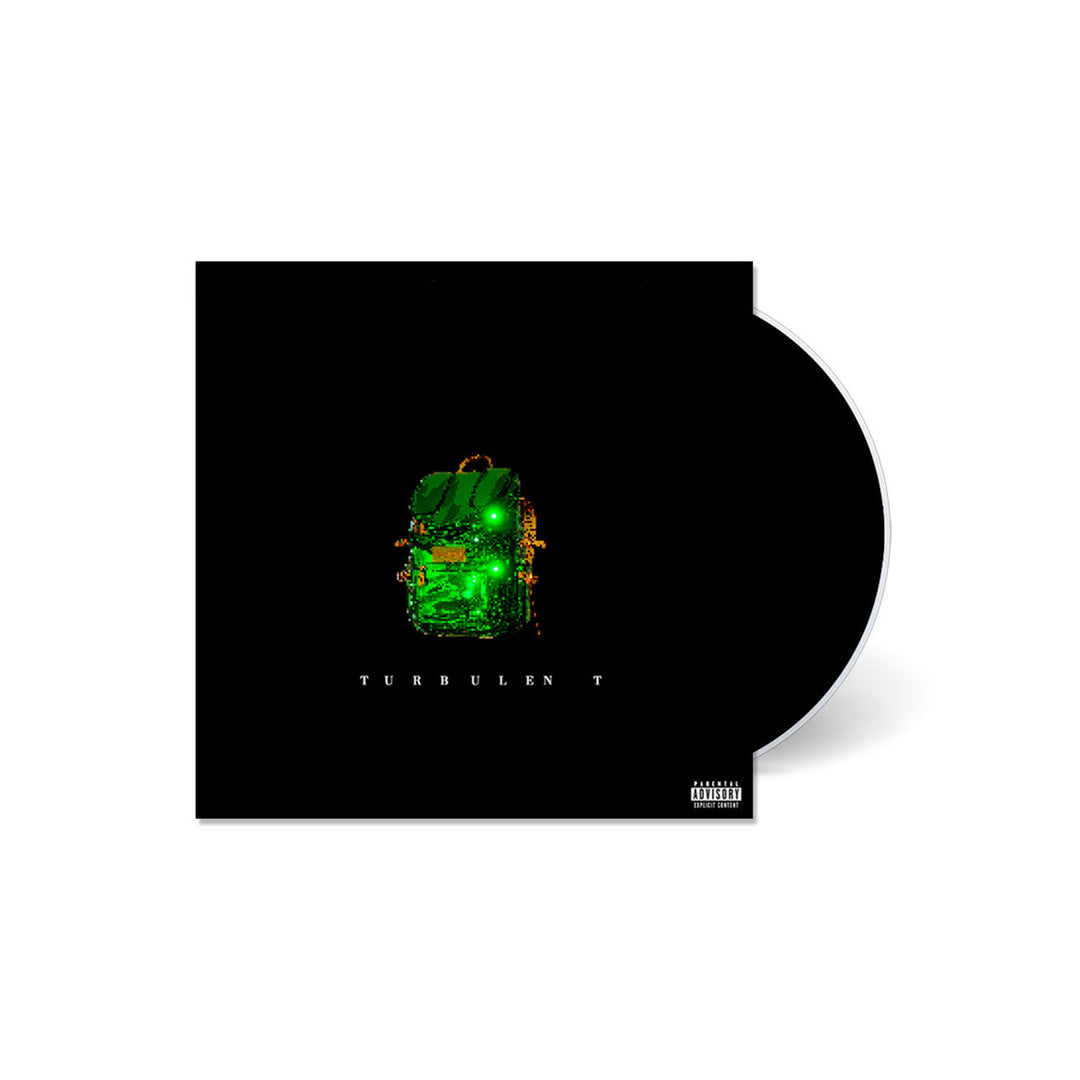 A black CD case with a glowing green backpack in the center. Below it, TURBULEN T is displayed, suggesting an instrumental or ASMR version. A parental advisory label is at the bottom right. Brand: Waterparks.