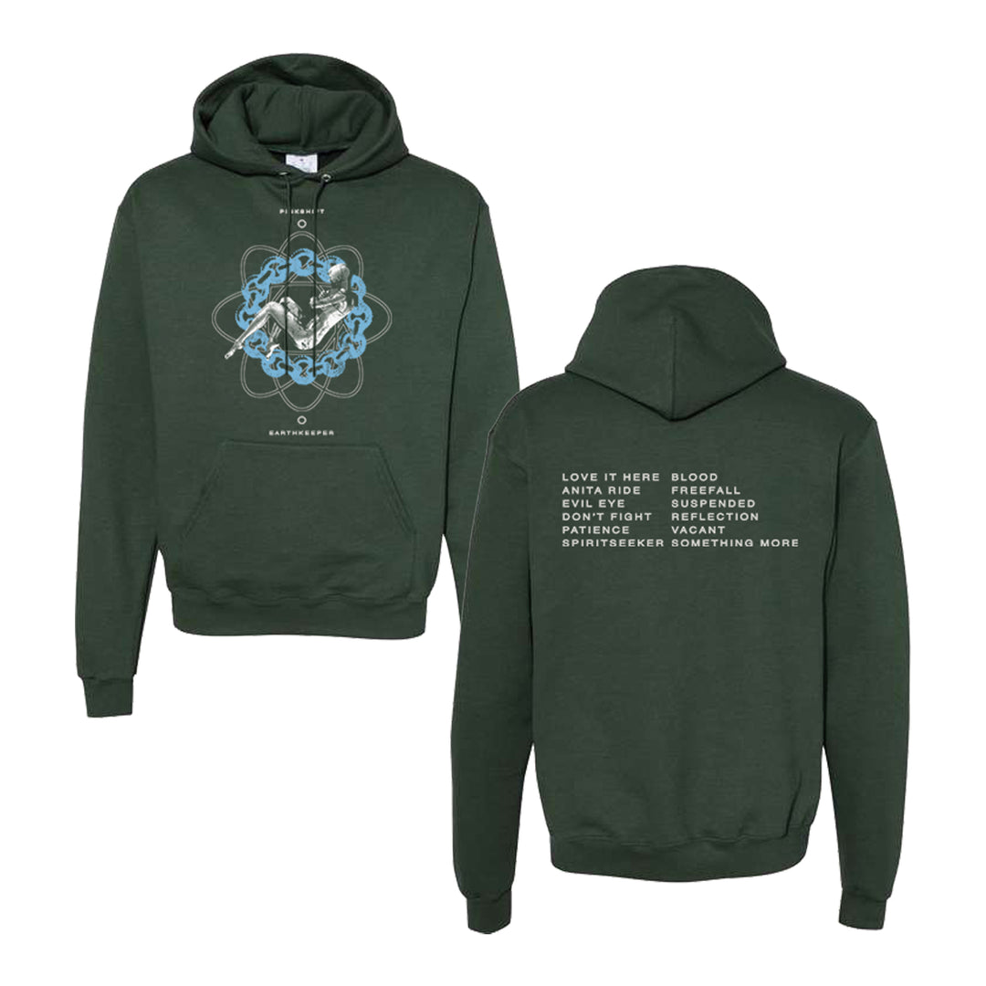 Dark Green Pinkshift Champion Hoodie shown from front and back; the front displays a unique graphic of a person with blue shapes, while the back features a list of words and phrases in white capital letters arranged in two columns.