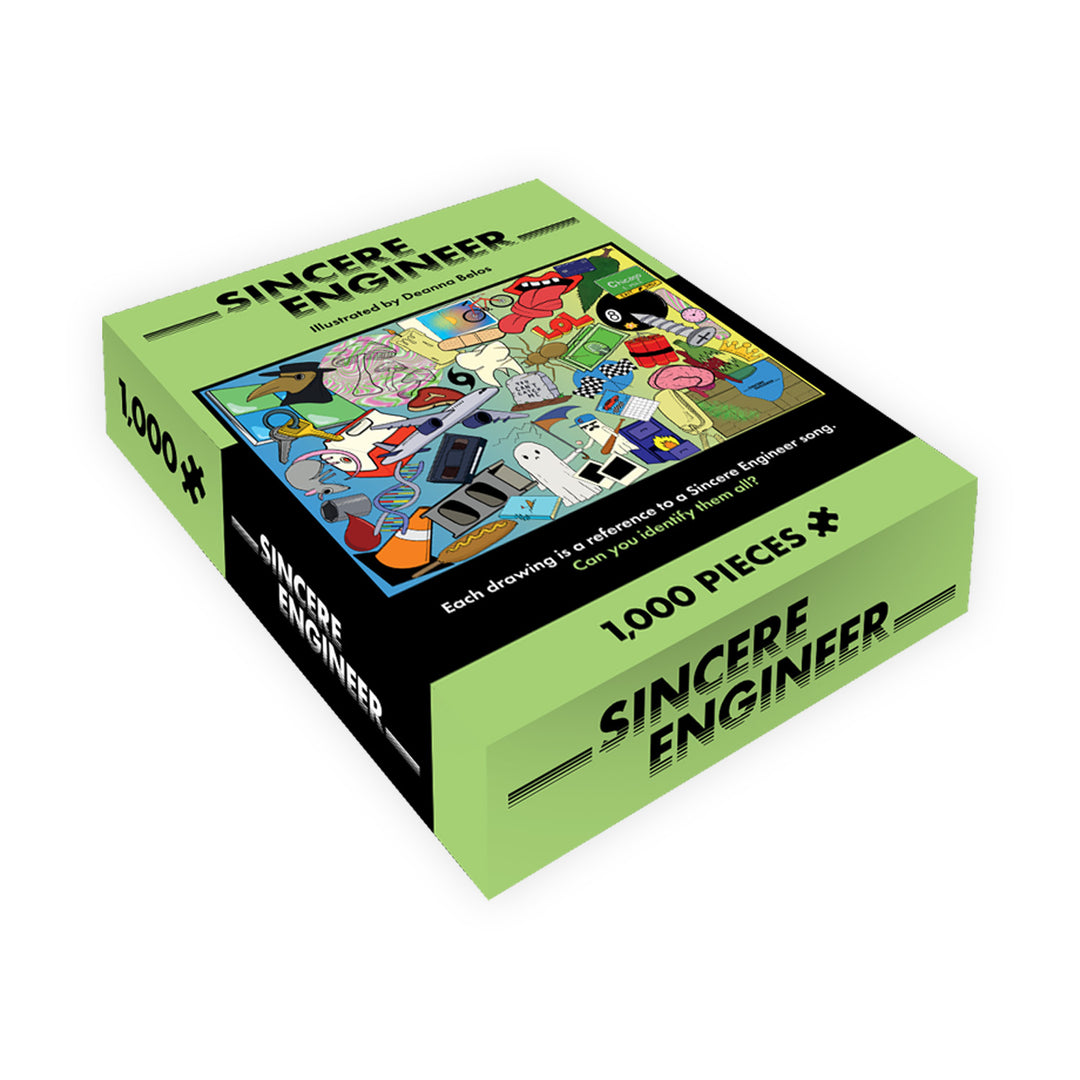 A 1,000-piece puzzle by Sincere Engineer titled "Deanna Belos" features a vibrant cartoon-style illustration with various characters and items, displayed at an angle on a white background.