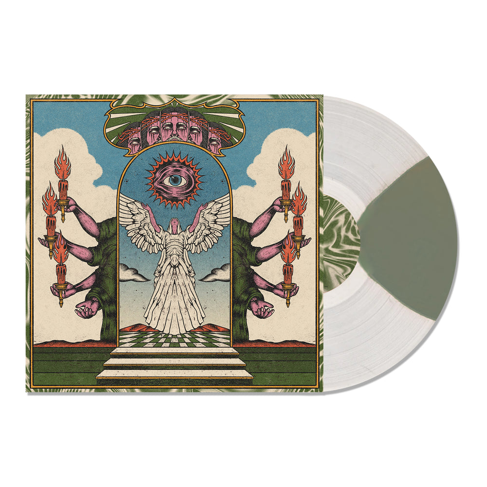 A green and white marbled vinyl from Trash Boat rests beside its album cover, which features a surreal angel, all-seeing eye, floating candlelit hands, and checkered floor—an exclusive design as bold as any limited edition shirt.