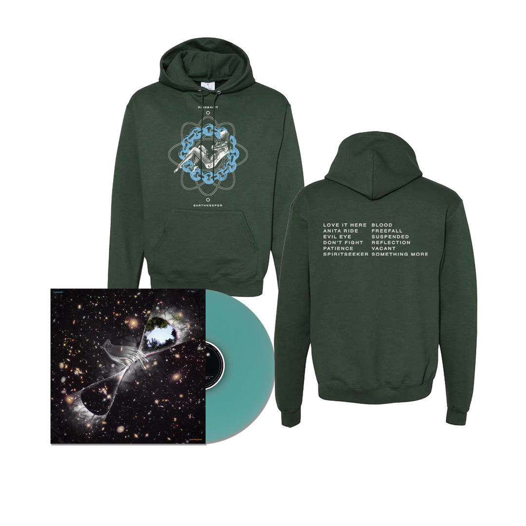 A Pinkshift dark green Champion hoodie with an exclusive cosmic front design and Earthkeeper song titles on the back, shown next to a teal vinyl and its celestial-themed album cover.