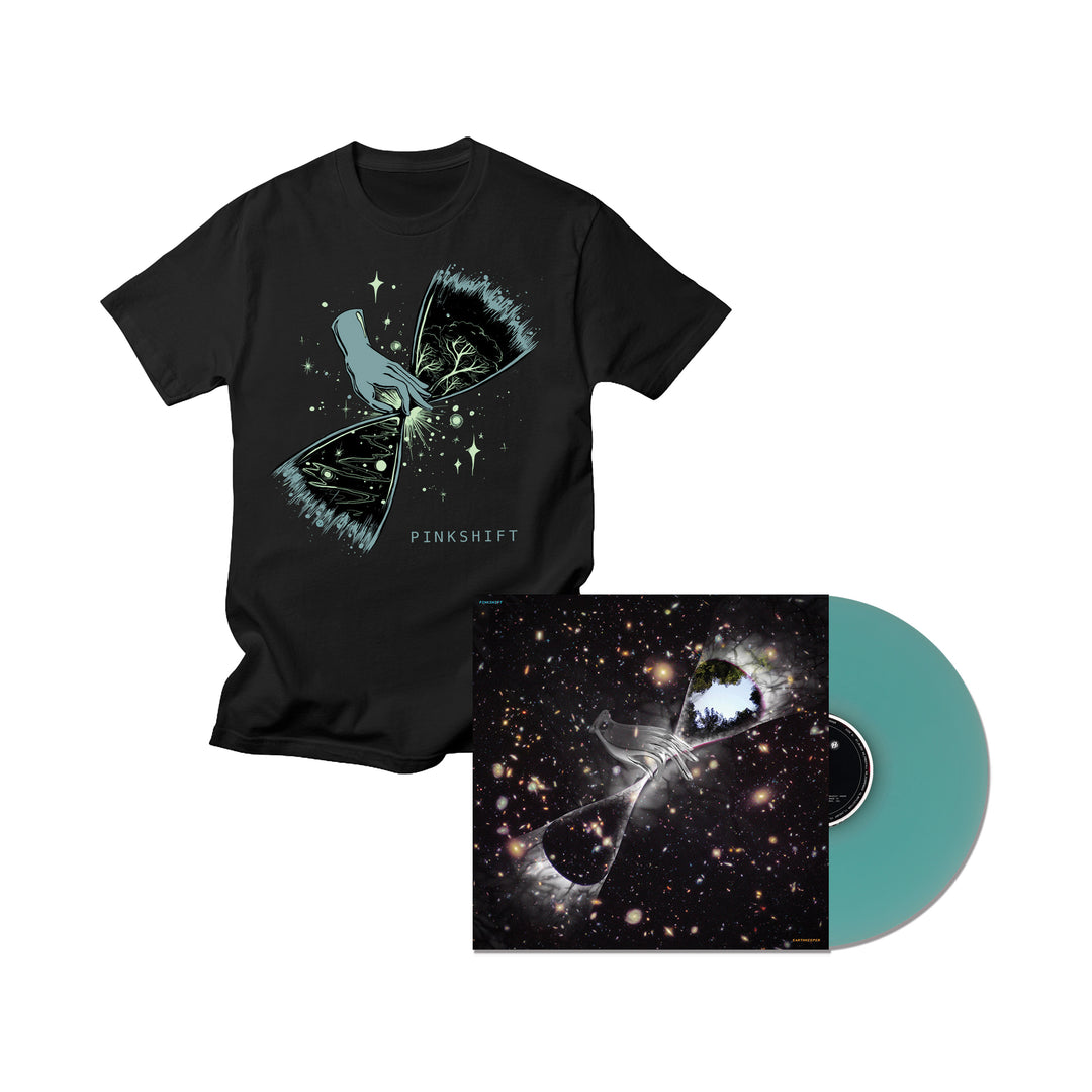 A Pinkshift black Comfort Colors T-shirt with a cosmic butterfly design, paired with the Pinkshift ‘Earthkeeper’ Ice Blue LP featuring an exclusive galaxy-themed album cover.