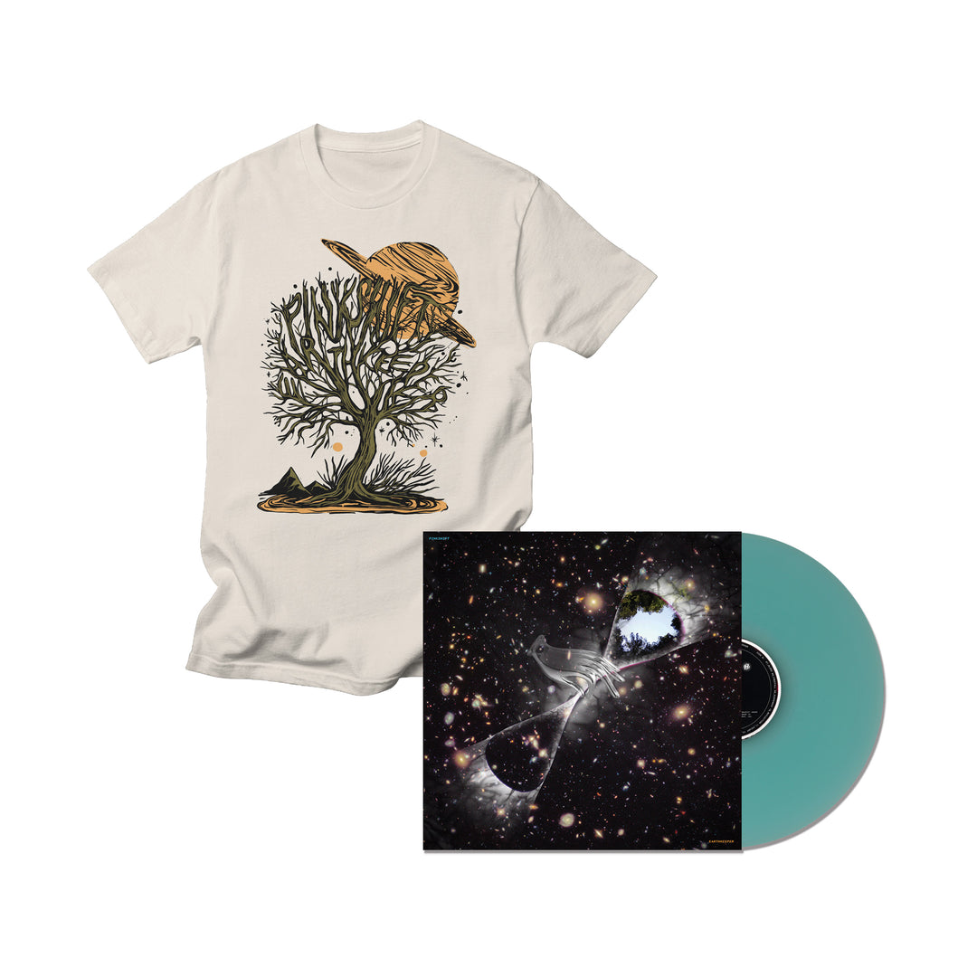 A white Comfort Colors T-shirt featuring a tree, Saturn, and a bird is paired with the Pinkshift Earthkeeper Ice Blue LP, which has cosmic star-filled artwork with mirrored hourglasses. This presale bundle is from Pinkshift.