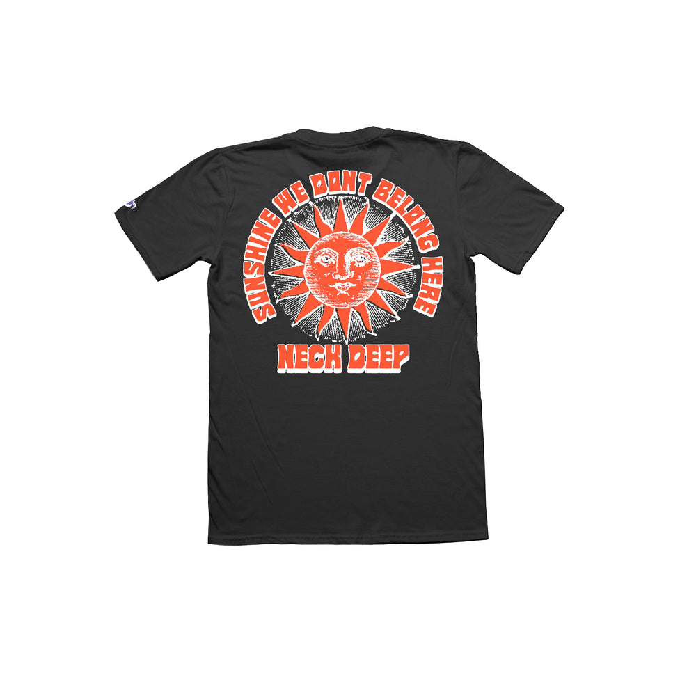 Neck Deep black 100% cotton Gildan Hammer t-shirt featuring a large orange sun with a face on the back, white SUNSHINE WE DONT BELONG HERE text, and bold orange NECK DEEP below. Inspired by the When You Know tee.