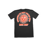 Neck Deep black 100% cotton Gildan Hammer t-shirt featuring a large orange sun with a face on the back, white SUNSHINE WE DONT BELONG HERE text, and bold orange NECK DEEP below. Inspired by the When You Know tee.