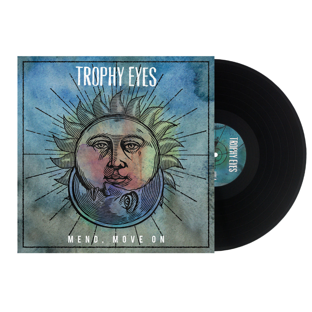 A black vinyl record partially out of its sleeve reveals the Mend Move On album by Trophy Eyes: an illustrated sun and moon face on a blue watercolor background with rays and the band name above, plus the tracklist on the back.