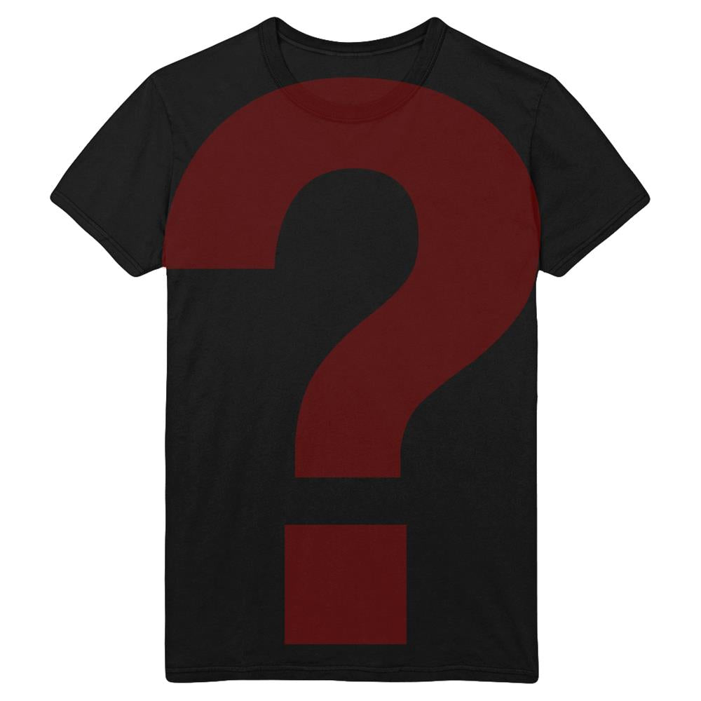 A black Neck Deep t-shirt with a bold, dark red question mark on the front—perfect merch for fans seeking unique style.