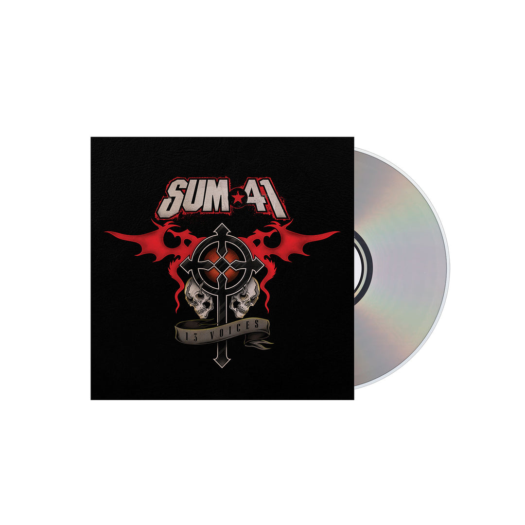 A Sum 41 CD cover displays the band’s bold name, a flaming skull emblem, “13 Voices” on a banner, and a black background. The CD is partially visible on the right. Brand: Sum 41.