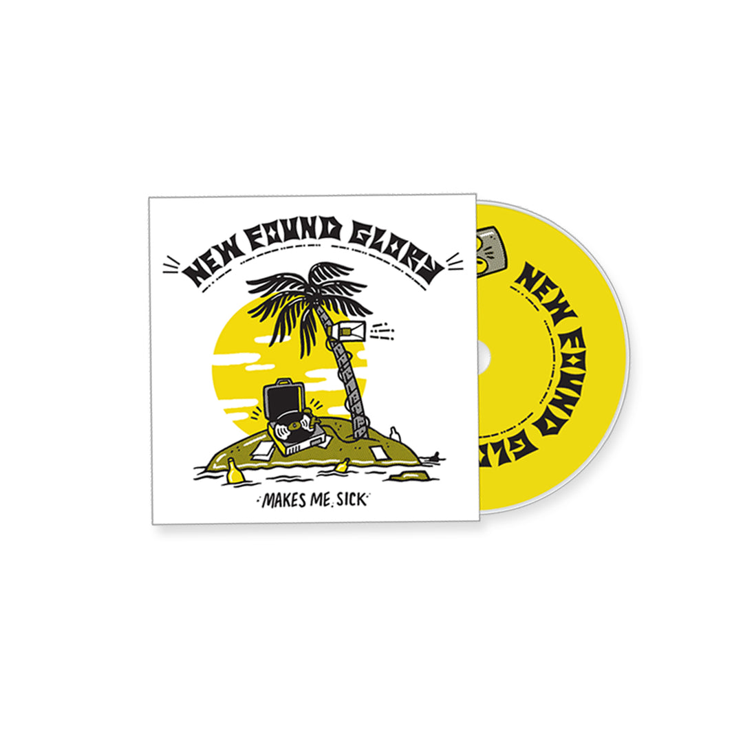 New Found Glorys Makes Me Sick CD features illustrated cover art of a small island with a palm tree, TV, and mailbox. The yellow disc with black text lists all album tracks.