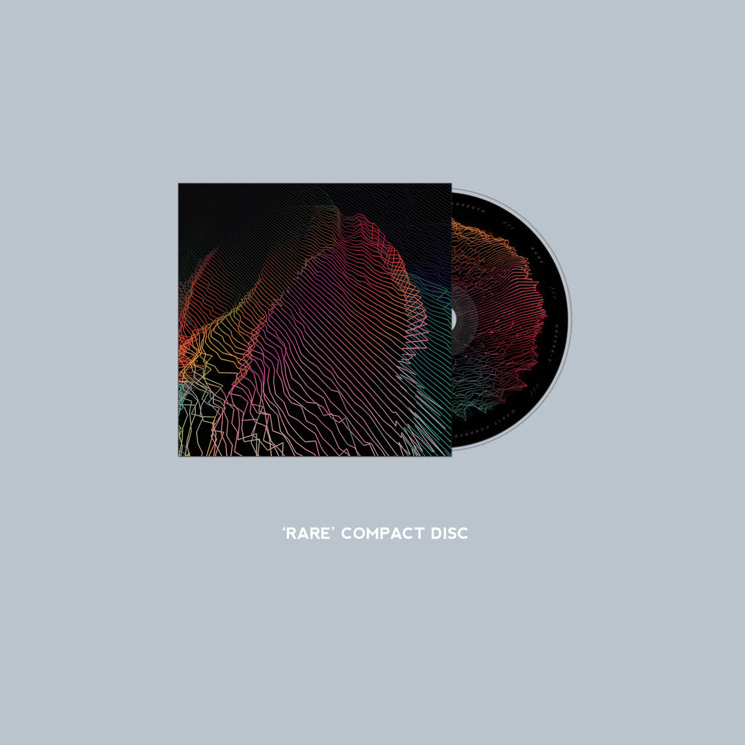 A compact disc peeks from a dark, abstract case with colorful waves. Below, text reads HUNDREDTH RARE COMPACT DISC, suggesting an exclusive tracklist from the brand on a light gray background.