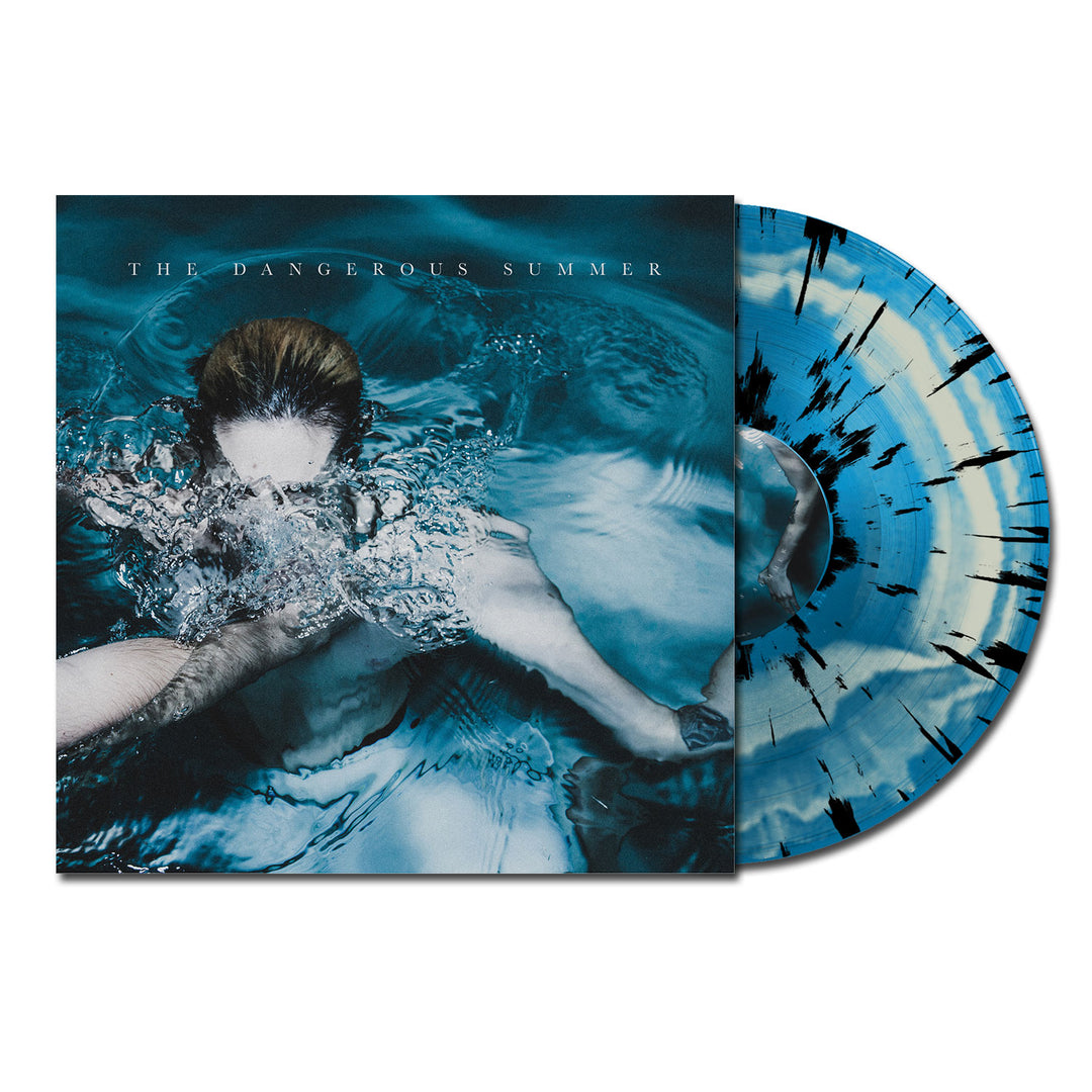 The Dangerous Summer self-titled album cover features a person submerged in blue water with bubbles by their face, paired with an exclusive blue and black splatter vinyl—ideal for fans of The Dangerous Summer.