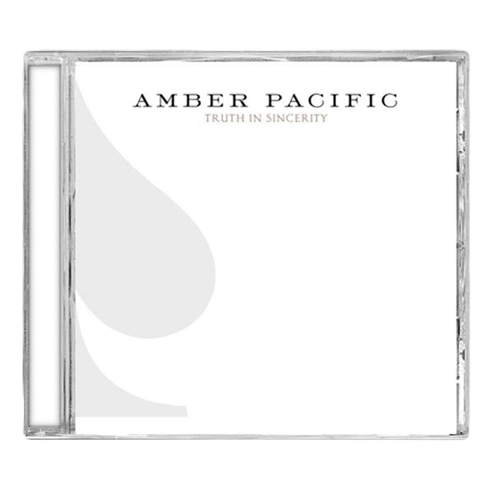 The Amber Pacific Truth In Sincerity CD cover has a minimalist white background with light gray abstract shapes, the album and band name in black and orange text at the top, plus a clean area ideal for displaying the tracklist.
